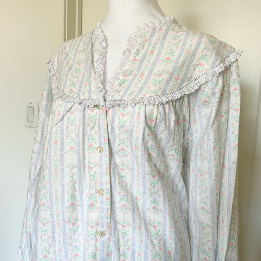 Vintage Lanz Of Salzburg Floral Striped Ruffle Cotton Flannel Nightgown